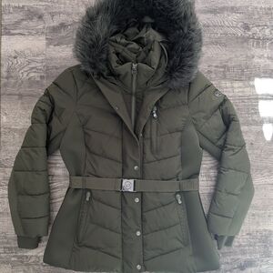 Women's Olive Puffer Jacket with Faux Fur Hood